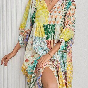 Yellow Boho Women's Bohemian Lantern Sleeve V Neck Tie Pockets Maxi Dress